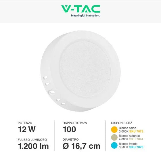 Pannello LED Rotondo 12W V-Tac SMD da Parete con Driver - Disponibile Luce: Calda 3000K, Naturale 4000K e Fredda 6500K