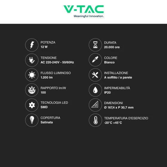 Pannello LED Rotondo 12W V-Tac SMD da Parete con Driver - Disponibile Luce: Calda 3000K, Naturale 4000K e Fredda 6500K