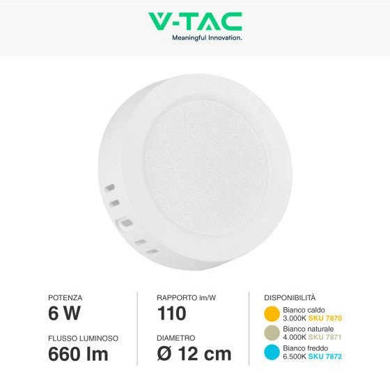 Pannello LED Rotondo 6W V-Tac SMD da Parete con Driver - Disponibile Luce: Calda 3000K, Naturale 4000K e Fredda 6500K