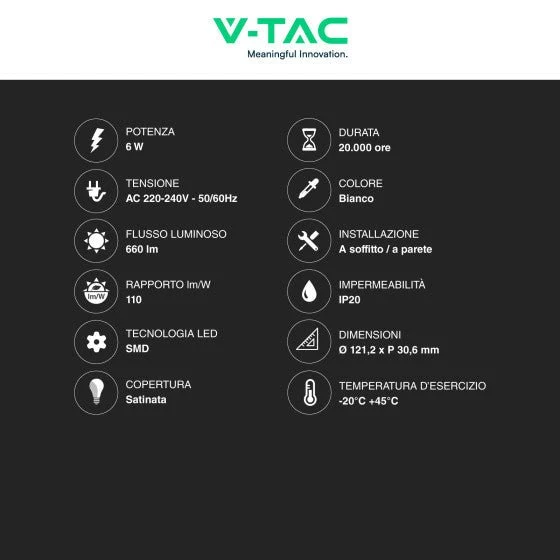 Pannello LED Rotondo 6W V-Tac SMD da Parete con Driver - Disponibile Luce: Calda 3000K, Naturale 4000K e Fredda 6500K