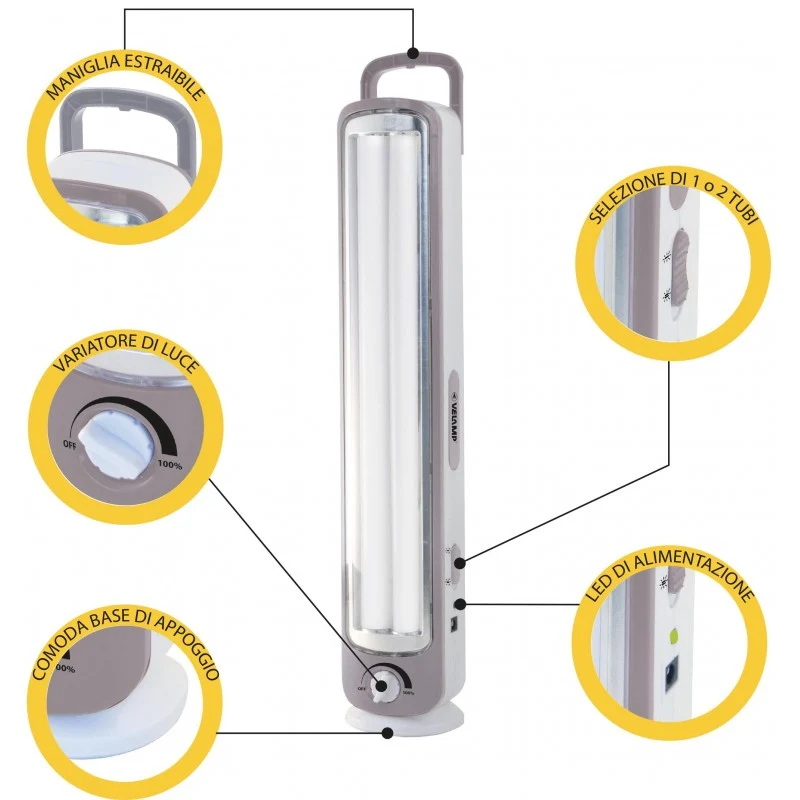 Lampada di Emergenza LED Portatile Anti Black-Out Velamp 2 Tubi 500lm – IR163