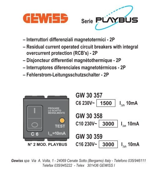 Gewiss gw30358 interruttore differenziale magnetotermico playbus
