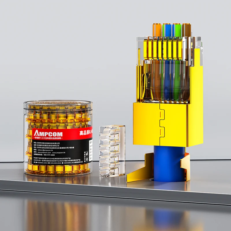 AMPCOM Cat7a Pass-Through W/ Tail Clip Shielded RJ45 Connector, Gold-Plated Copper Shell, 1.5mm Conductor Hole