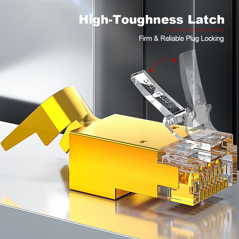 AMPCOM Cat7 Pass-Through W/ Tail Clip Shielded RJ45 Connector, Gold-Plated Copper Shell, 1.5mm Conductor Hole