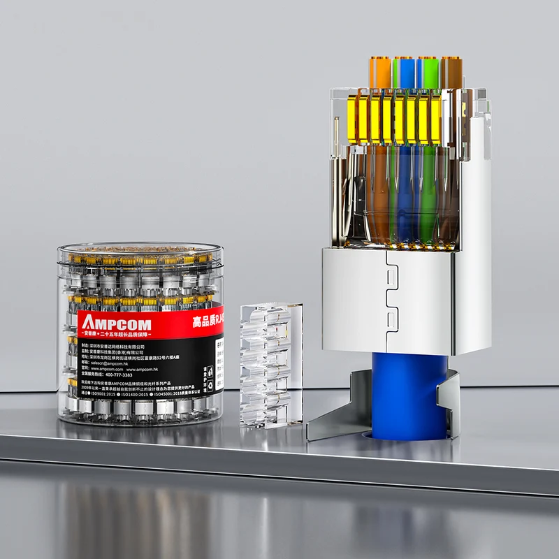 AMPCOM Cat7a Pass-Through W/ Tail Clip Shielded RJ45 Connector, Nickel-Plated Copper Shell, 1.5mm Conductor Hole