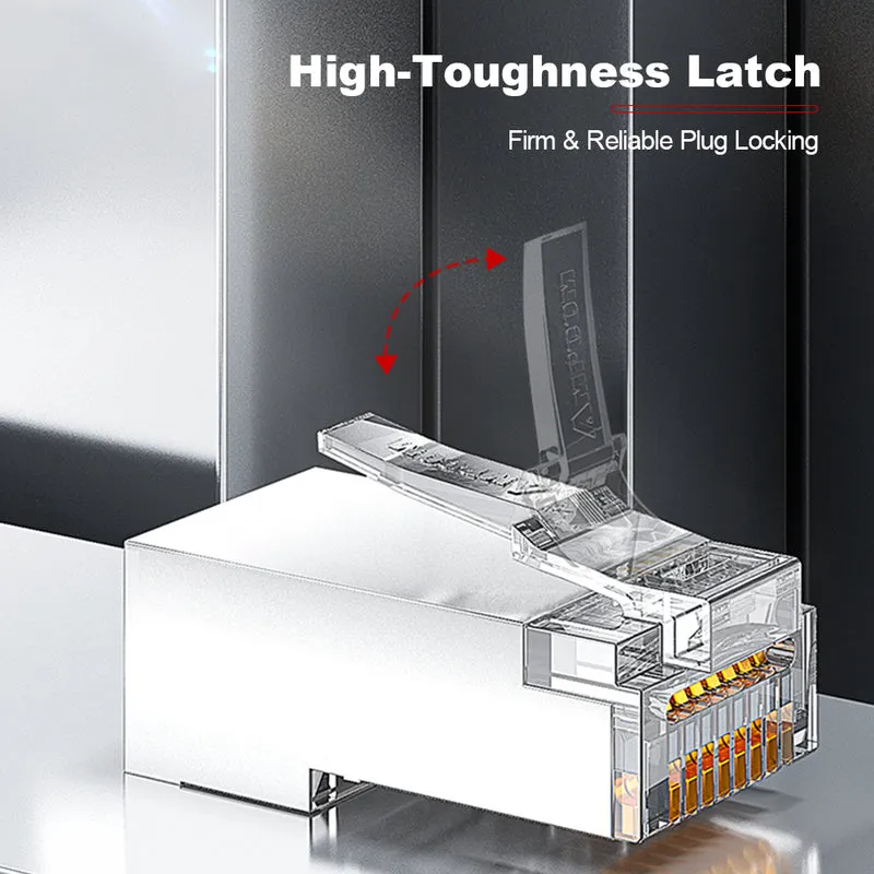 AMPCOM Cat6 Pass-Through Shielded RJ45 Connector,Gold-Plated Contacts, 1.1mm Conductor Hole