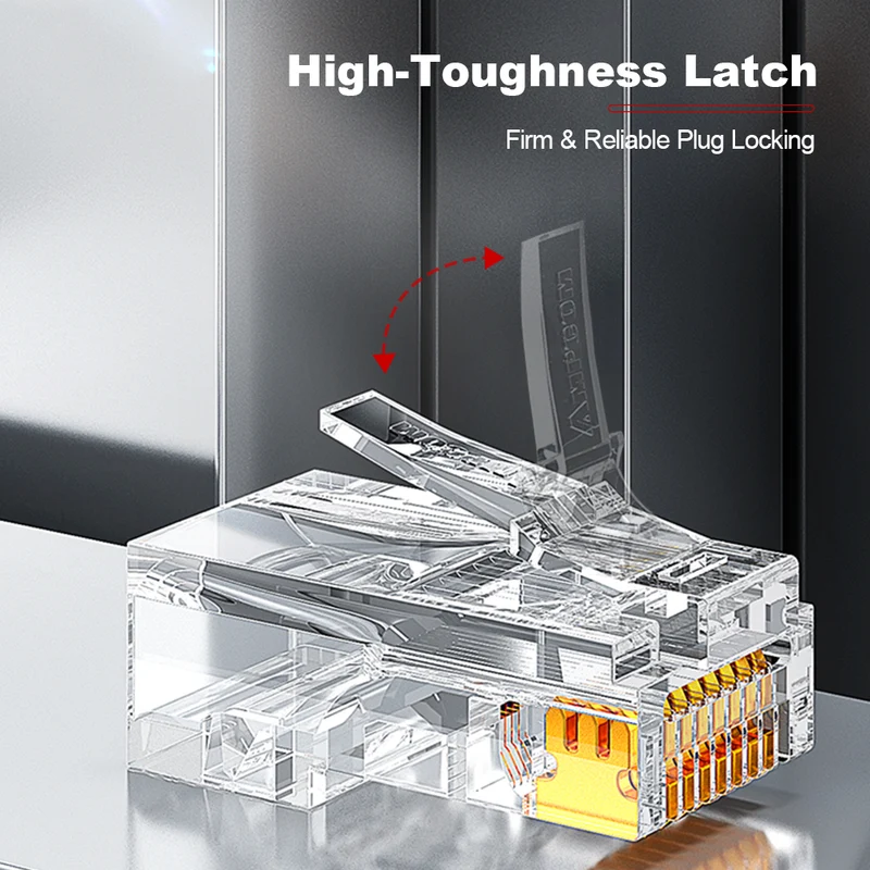 AMPCOM Cat6 Pass-Through Unshielded RJ45 Connector,Gold-Plated Contacts, 1.1mm Conductor Hole