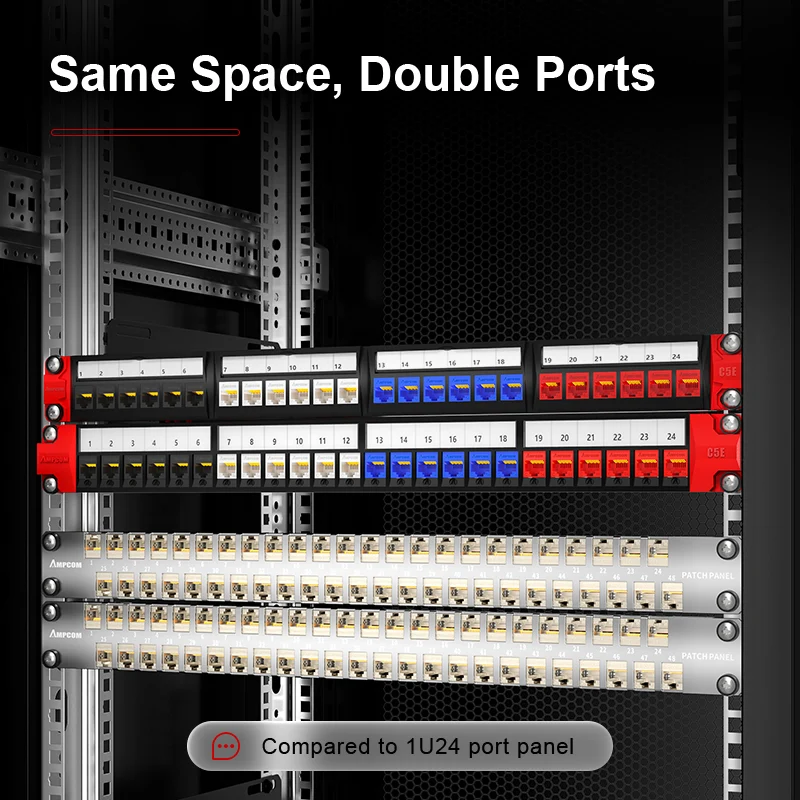 AMPCOM Coupler Patch Panel, 48-Port, 1RU, CAT6/CAT6a/CAT7 STP Pass-Through Tool-free termination Rackmount EDF